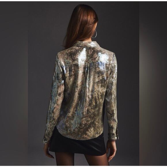 Anthropologie Pilcro Silver and Gray Sequin Button Up Blouse Shirt Sz Large NEW - Picture 8 of 14